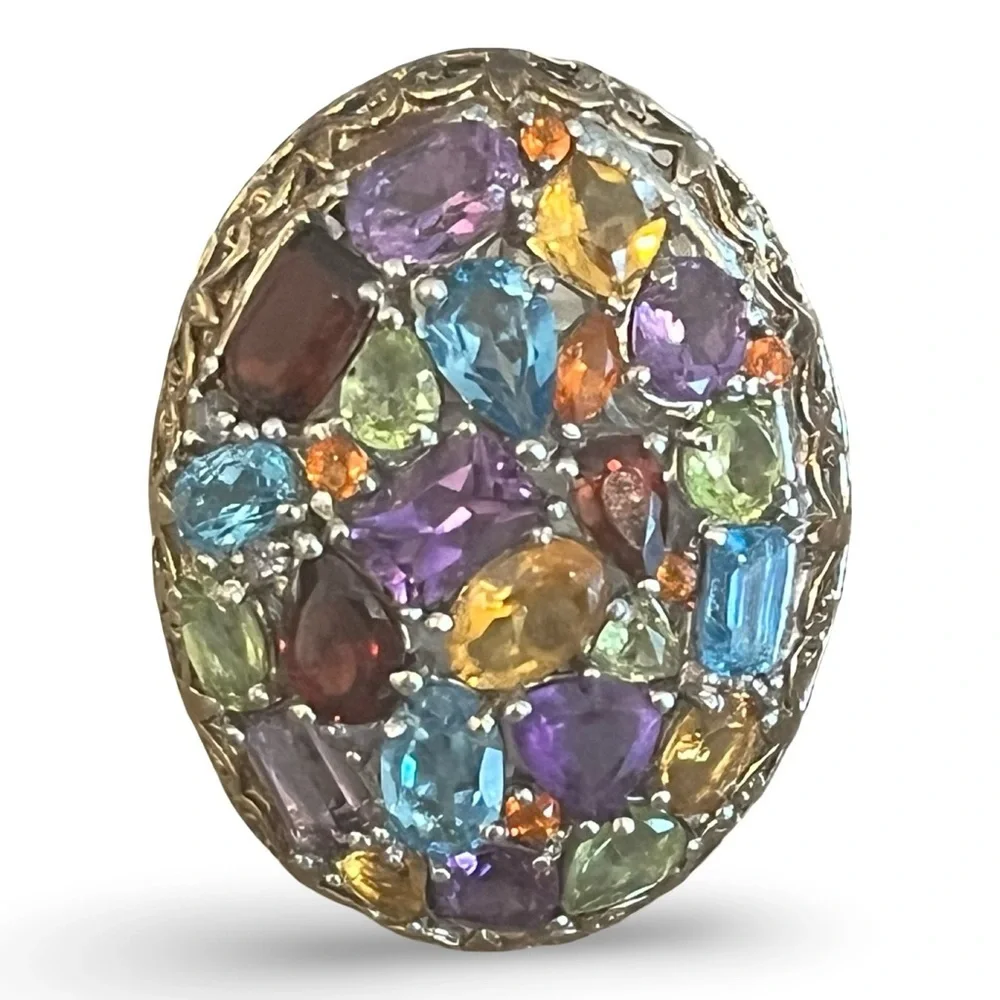 Sterling Silver STS Two Tone Tutti Frutti Gemstone Statement Ring Size 8